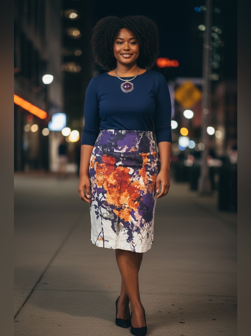 Premise White Pencil Skirt with Purple & Orange Floral Print
